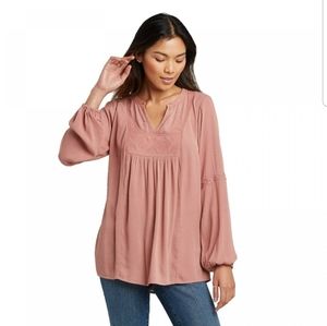 Knox Rose, pink long sleeved embroidered blouse with lace and eyelet detail